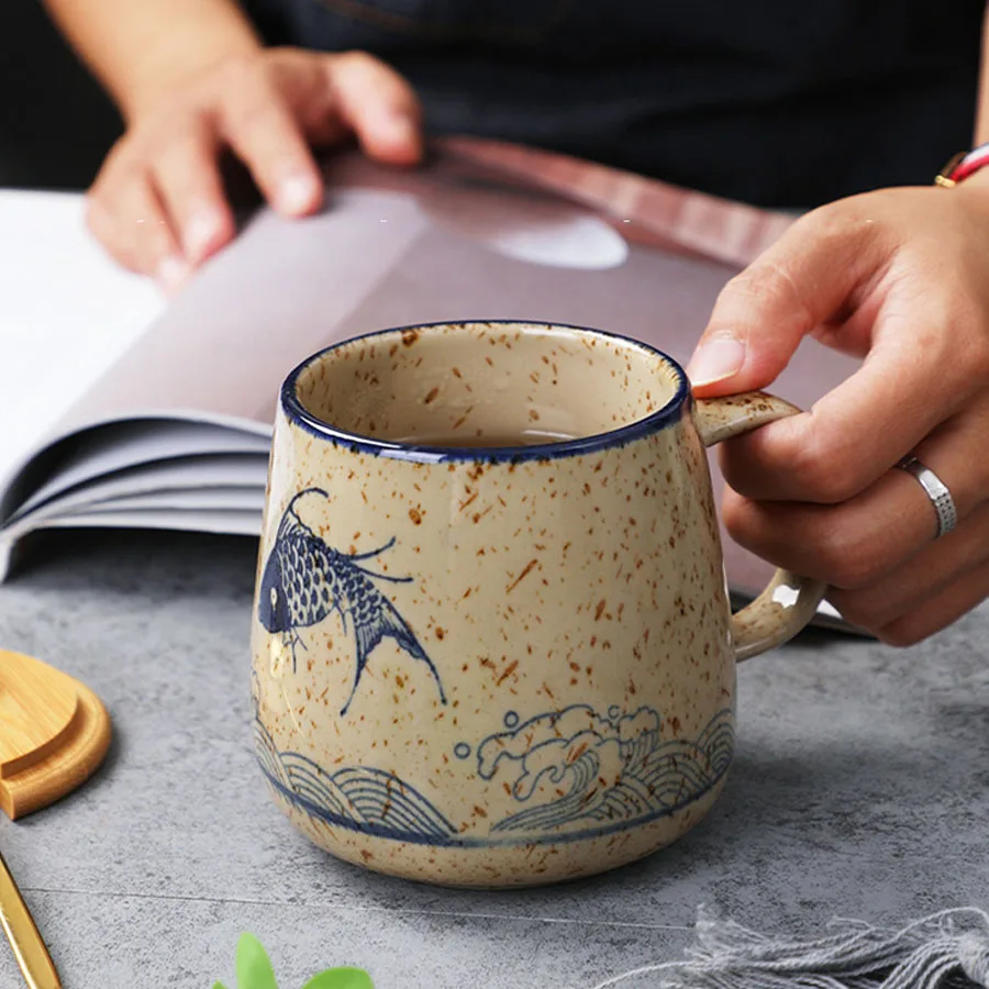 YWDL 350ml Japanese Ceramic Coffee Mug With Lid And Spoon Milk Breakfast Cups Home Heat-resistant Teacup Tumbler Water Mug Gift