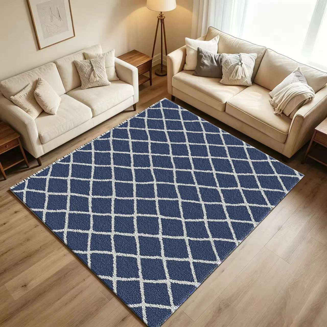 Navy Blue White Rhombus Lattice Carpet Flooring Classic Simple Diamond Grid Texture Seamless Pattern Printed Floor Rug for Household Indoor Minimalist Home Decor