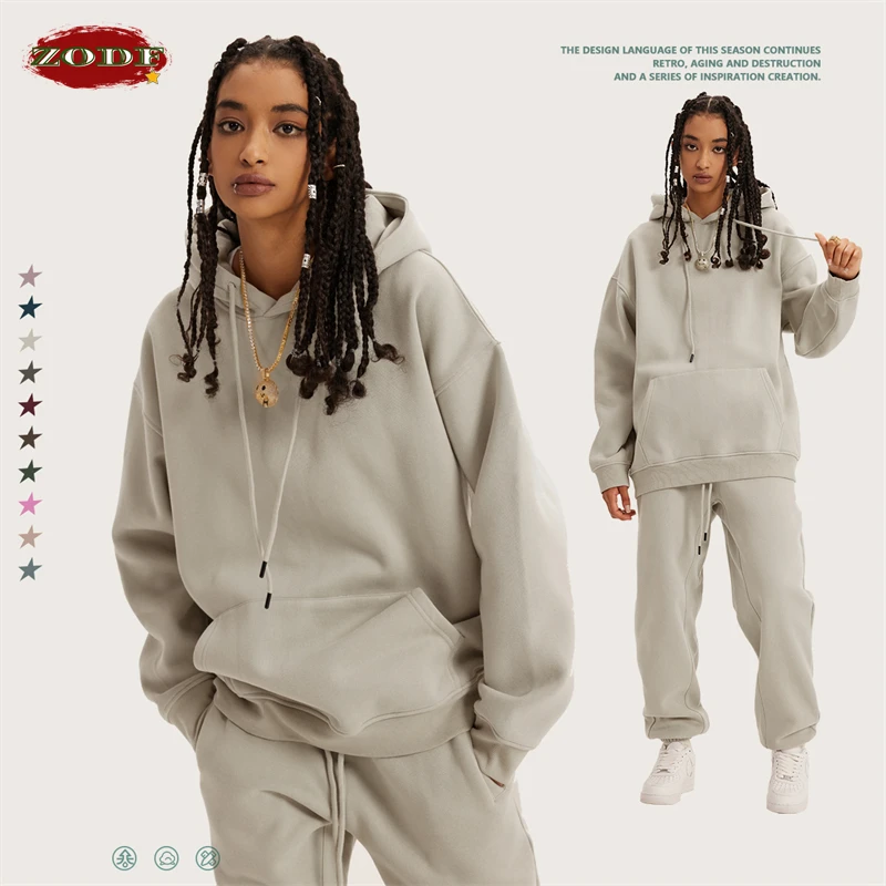 ZODF-Sudadera con capucha para hombre y mujer, suéter básico de lana gruesa de 345gsm, informal, holgado, estilo Hip Hop, Unisex, chándal HY0010,