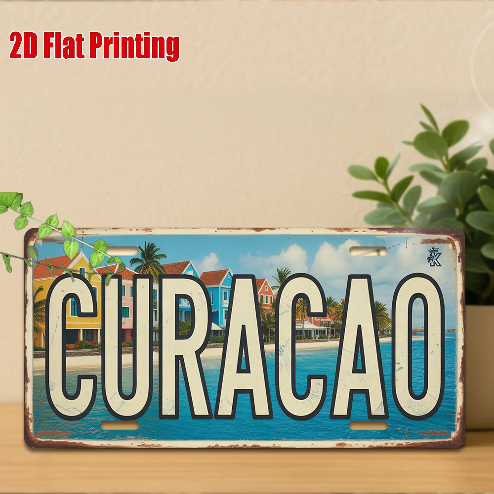 2D Flat - Vintage Metal Sign Featuring a 2D Flat Design Inspired by Curacao Island, Showcasing The Colors of The Dutch Caribbean