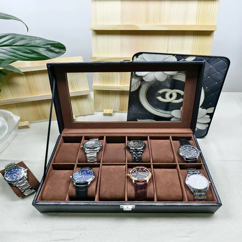 

12-10-6-Slot Watch Case Box with Large Glass Lid Removable Pillow Watch Organizer Box Gift for Lovers of Men's Women's Watches