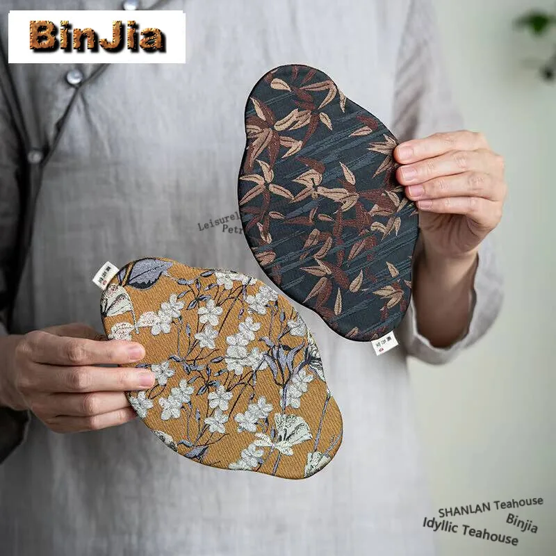 Bamboo Handmade Tea Table Mats Household Embroidered Begonia Tea Flag Zen Drink Coaster Dinner Table Cloth Mat Tea Ceremony Gift view 2