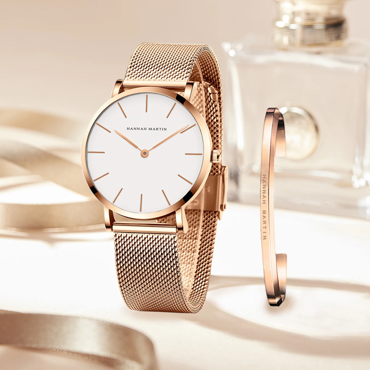 2023 New Women Bracelet Watch 1 Set Japan Quartz Movement Simple Rose Gold Stainless Steel Mesh Student Watches Relogio Feminino