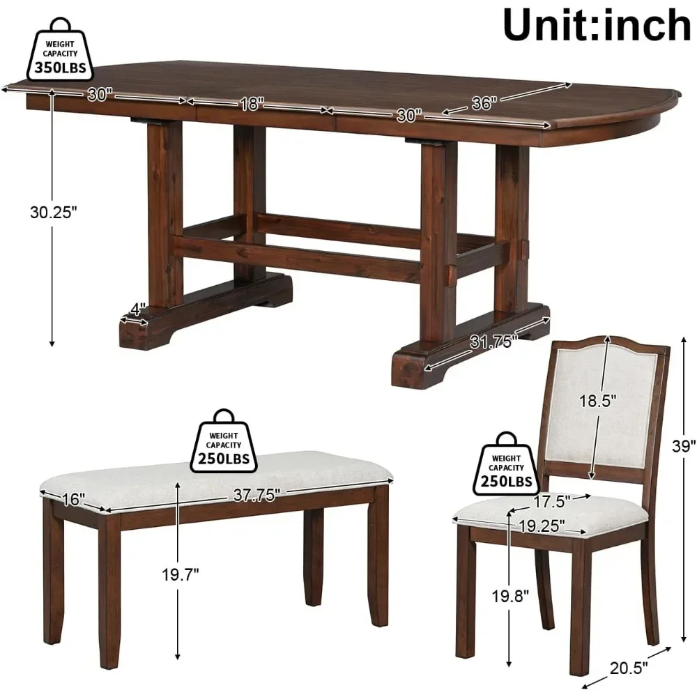 6-Piece Dining Table Set, Extendable Wood Dinings Tables and 4 Upholstered Chairs and Bench, Kitchen Dining Room Table Set