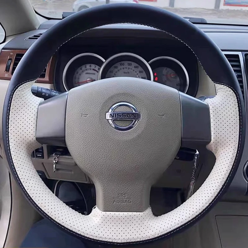 

Hand-stitched black white Genuine Leather Car Steering Wheel For Nissan Tiida 2004-2010 Sylphy Versa 2007-2011 auto parts