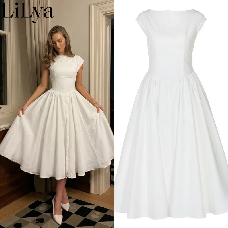 Summer Elegant White Cap Sleeve Backless Dress Woman Boat Neck Waist Cinched Flared Midi Dress Women Party Formal Daily Dress