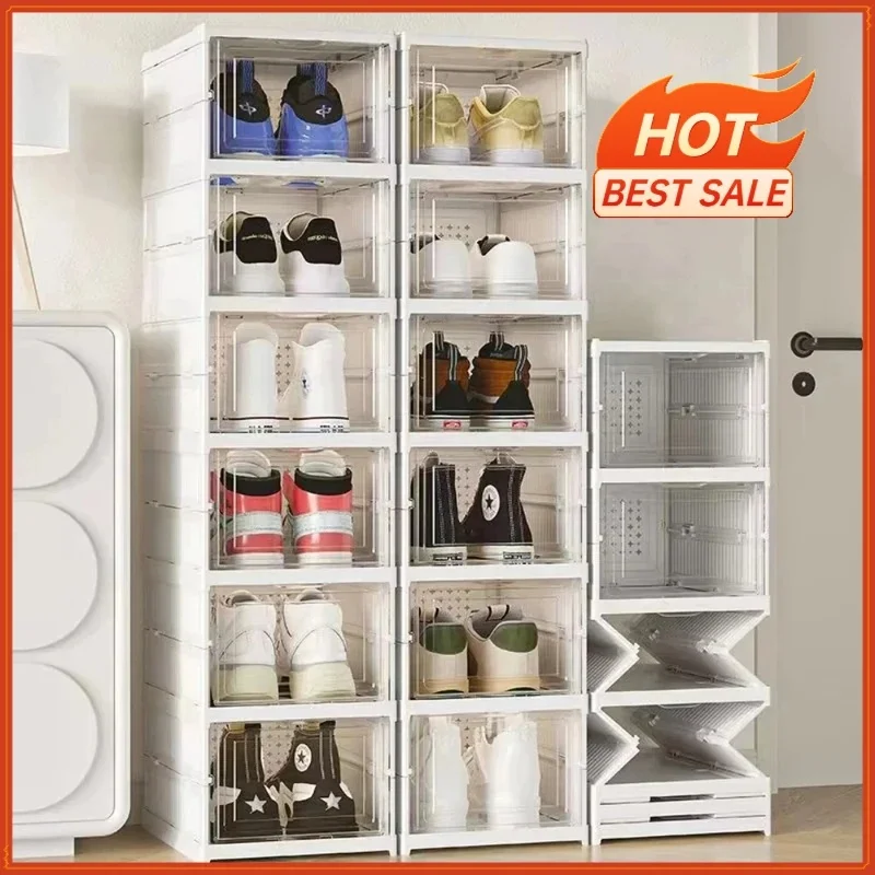 3/6 Layers Foldable Shoes Storage Box Transparent Sneaker Shoes Box Stackable Dustproof Cabinet Shoe Organizers Rack Shelf