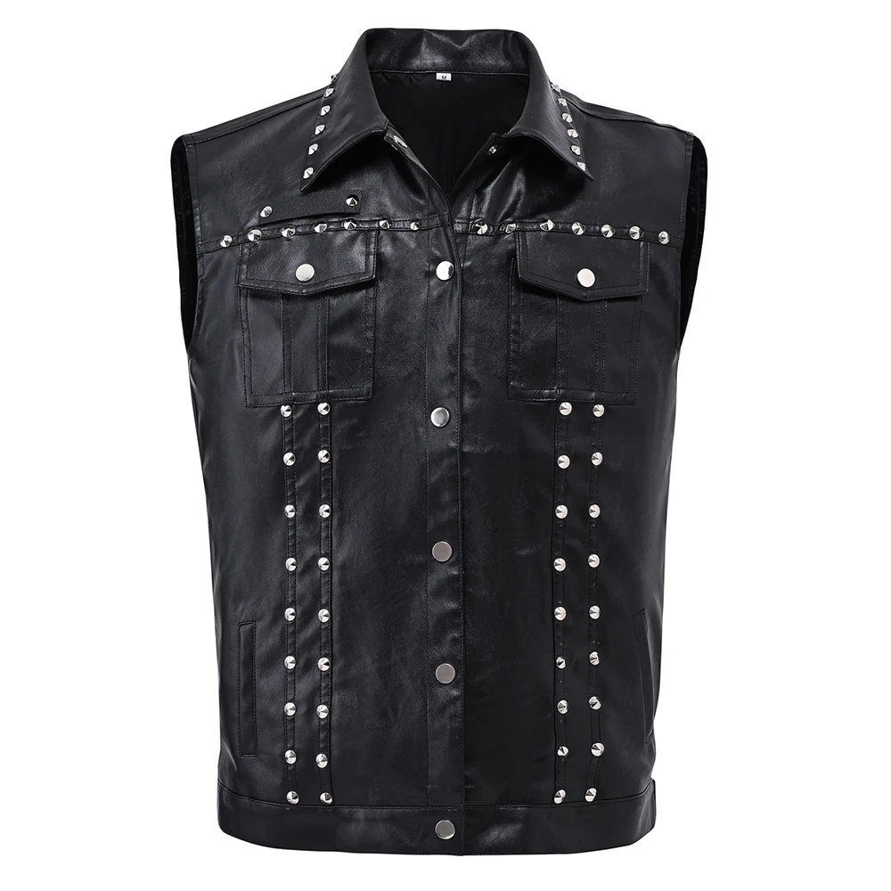 

Мужской жилет из искусственной кожи в стиле панк с заклепками, черный жилет Sim, майка без рукавов, верхняя одежда