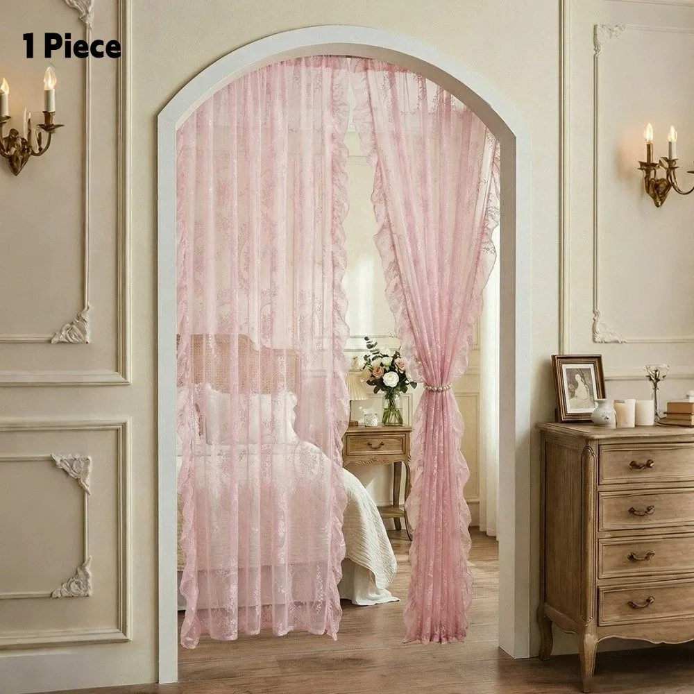 New French-Style Lace Curtains Solid Color Half-Shaded Window Curtains Ruffled Edges Voile Curtains Home Decoration