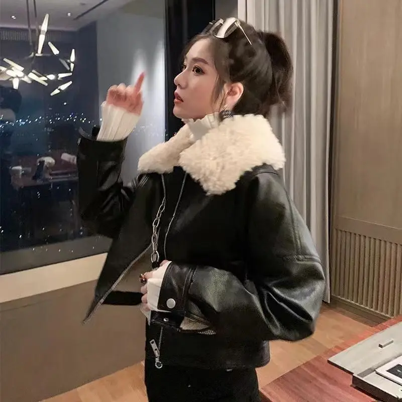 

New Winter women's street clothing artificial lamb fur collar leather short jacket motorcycle thick warm sheepskin overcoat coat