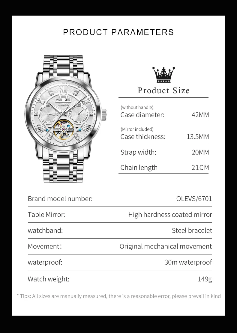 OLEVS Original Automatic Mechanical Wrist Watch for Men Week Month Stainless Steel Waterproof Business Watch for Men TOP Brand