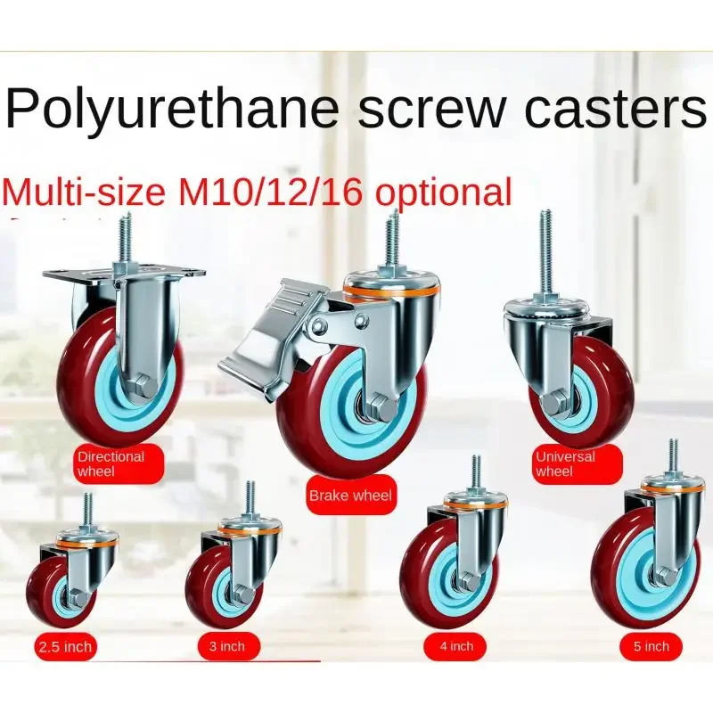 1Pcs-3 inch (M10/12/16*30/60mm) Polyurethane Swivel Casters with Dual Bearings, Threaded Stem, Heavy-Duty & Locking Wheels
