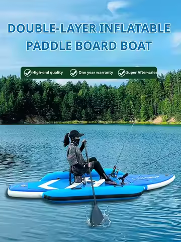 Double-Layer Inflatable SUP Kayak Fishing Board w/ Anti-Rollover EVA Deck, Rod Holders Foldable for Parent-Child Lure Fishing