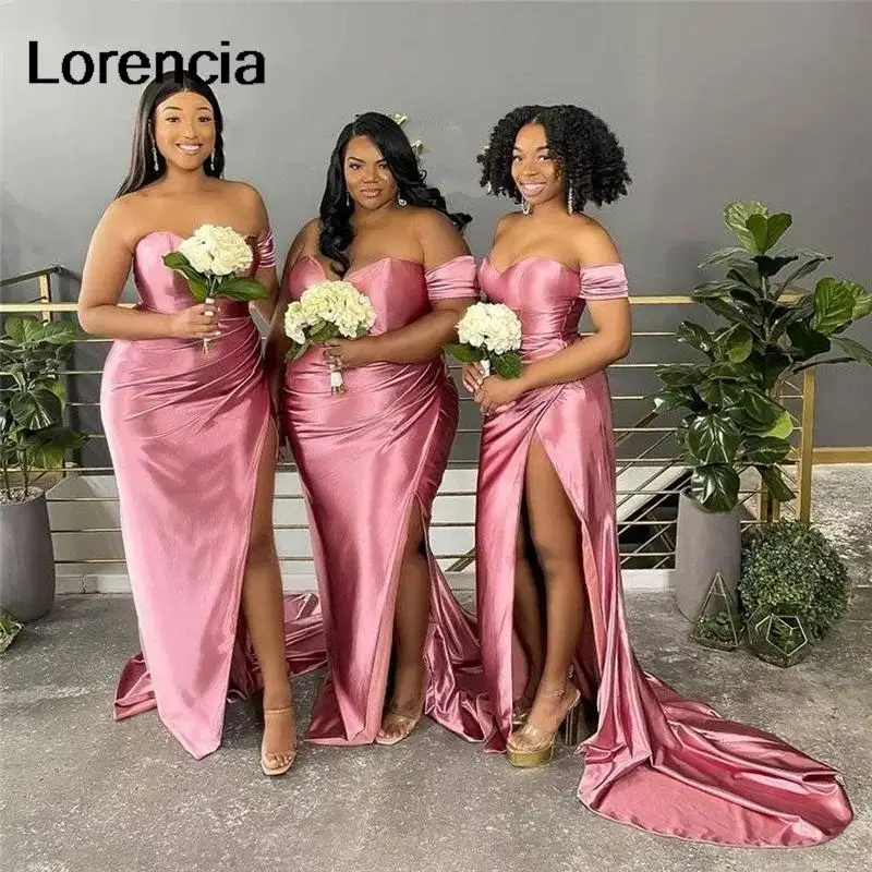 Lorencia Pink Long Bridesmaid Dresses Sweetheart Silk Satin Mermaid Wedding Guest Party Gowns High Split Maid of Honor YBD59