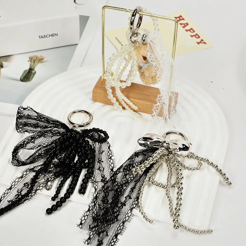 

New Imitation Pearls Lace Bowknot Keychain Sweet Beaded Bag Pendant Keyring for Women Handbag and Backpack Key Chain Ornament