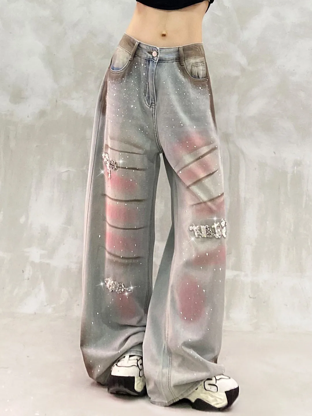 Summer 2026 Women's Loose Straight Leg Wide Leg Jeans Shiny Rhinestone Embellished Slimming High Waist Blue Denim Casual Comm...