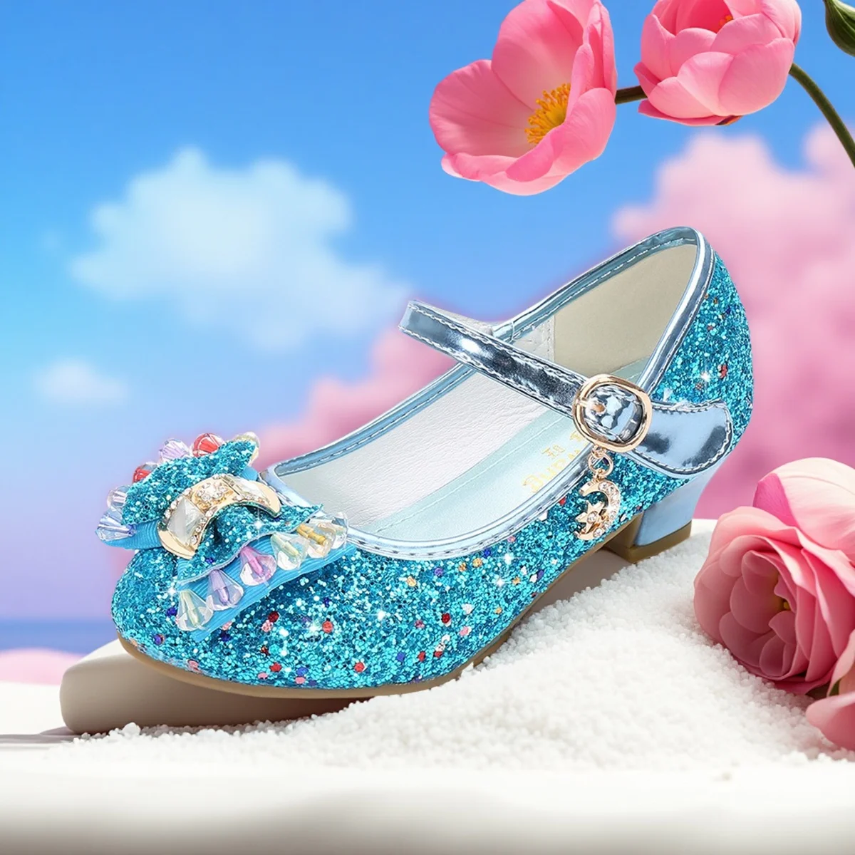 Girl's High-heeled Shoes Kid's New Sequins Purple Leather Shoes Childrne's Princess Students Performance Bow Shoes