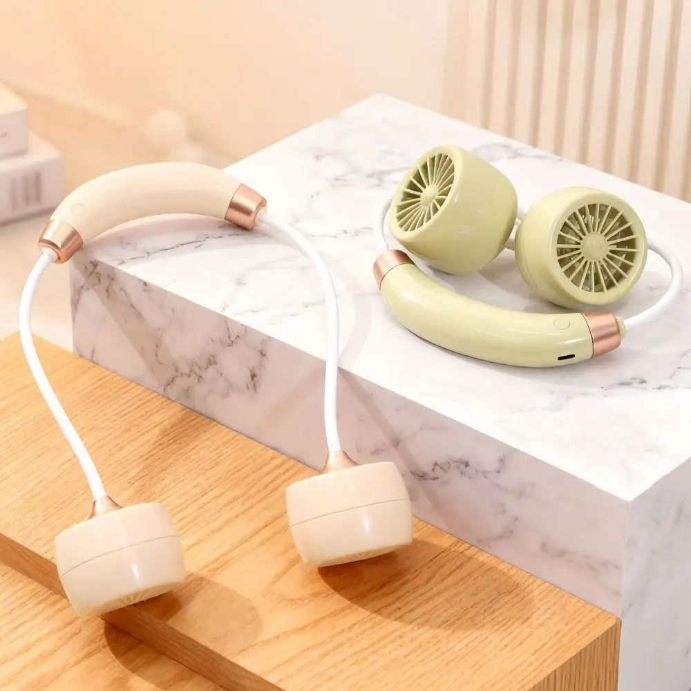 Cream Tone Wearable Neck Fan Turbine Air Outlets Foldable Structure Foldable Neck Fan Rechargeable Battery Soft Wind