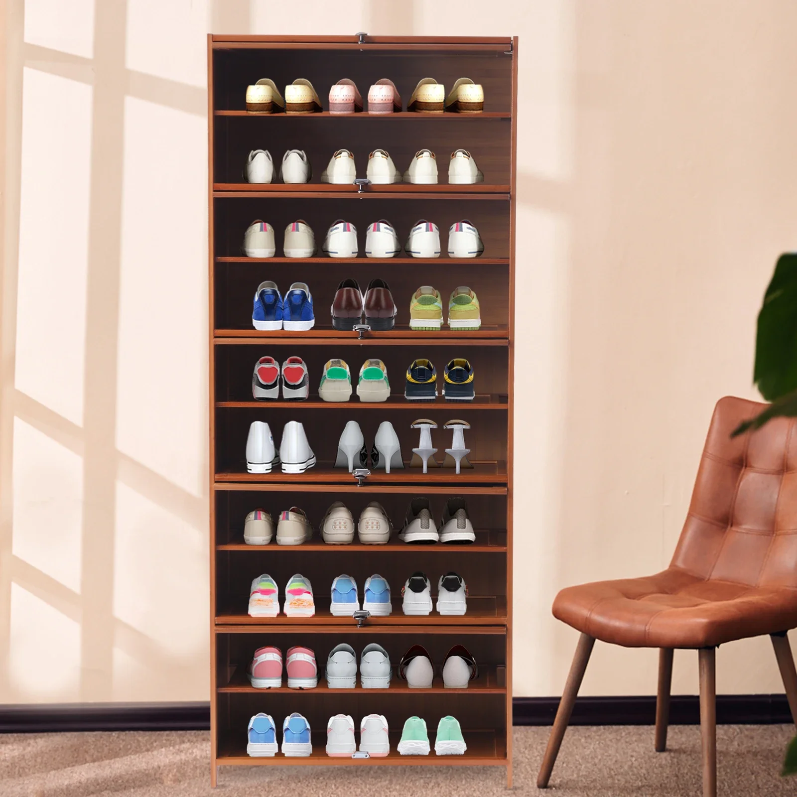 Scarpiera in bambù a 11 livelli con ante: moderno organizer per scarpe marrone per scarpe da ginnastica e stivali, ripiano per ingresso indipendente