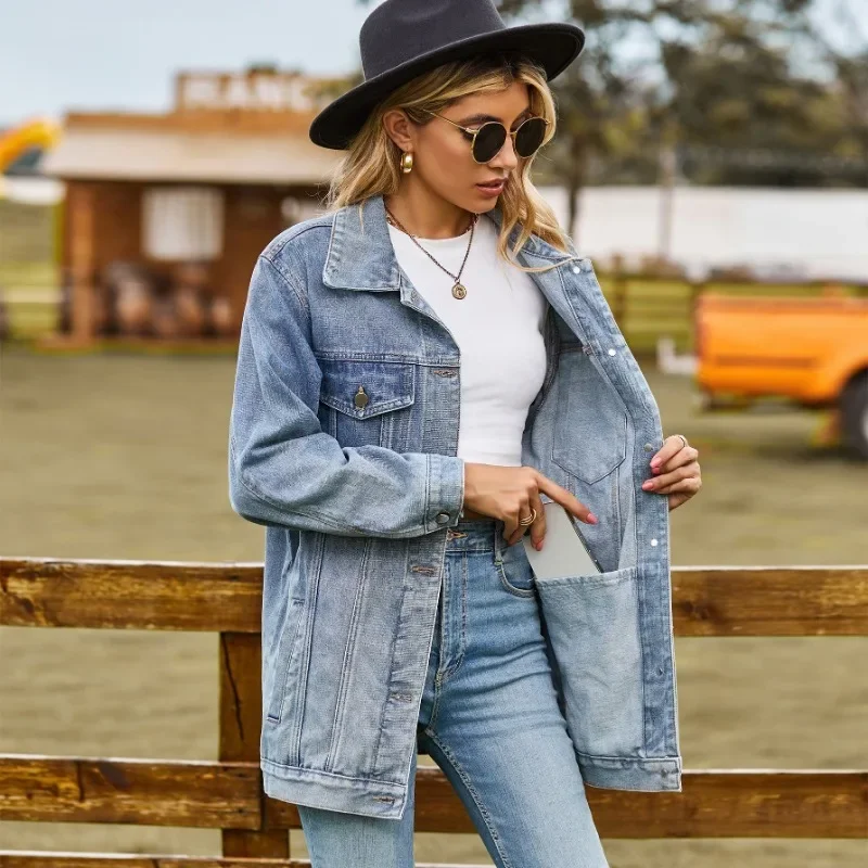 Casual Women Cowboy Coats Jackets New Versatile Classic Retro Classic Loose Top Solid Color Women's Clothing Light Blue