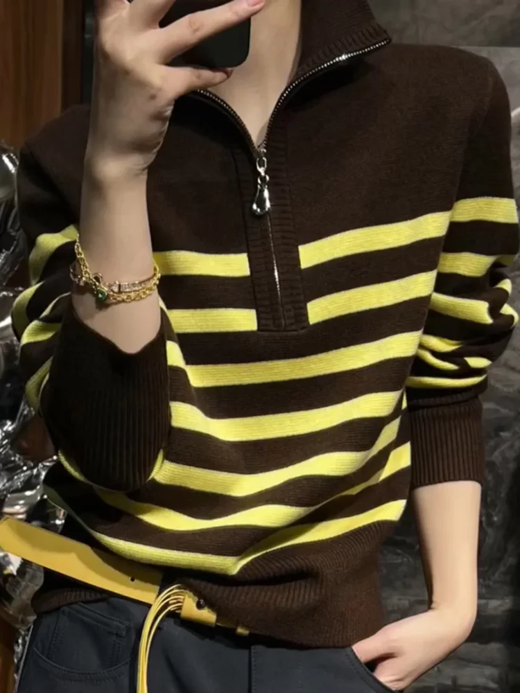 

Корейская полосатая вязаная рубашка с воротником, женская модная универсальная облегающая кофта больших размеров, осенняя новинка