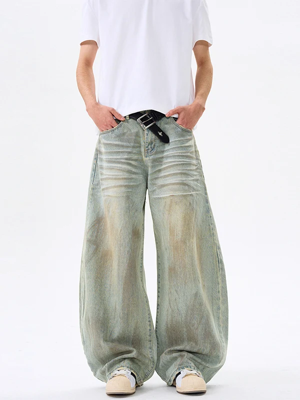 

Retro American Washed Wide Leg Loose Jeans Men's Knife Denim Trendy Straight Tube Trousers Casual Cotton Linen Blend