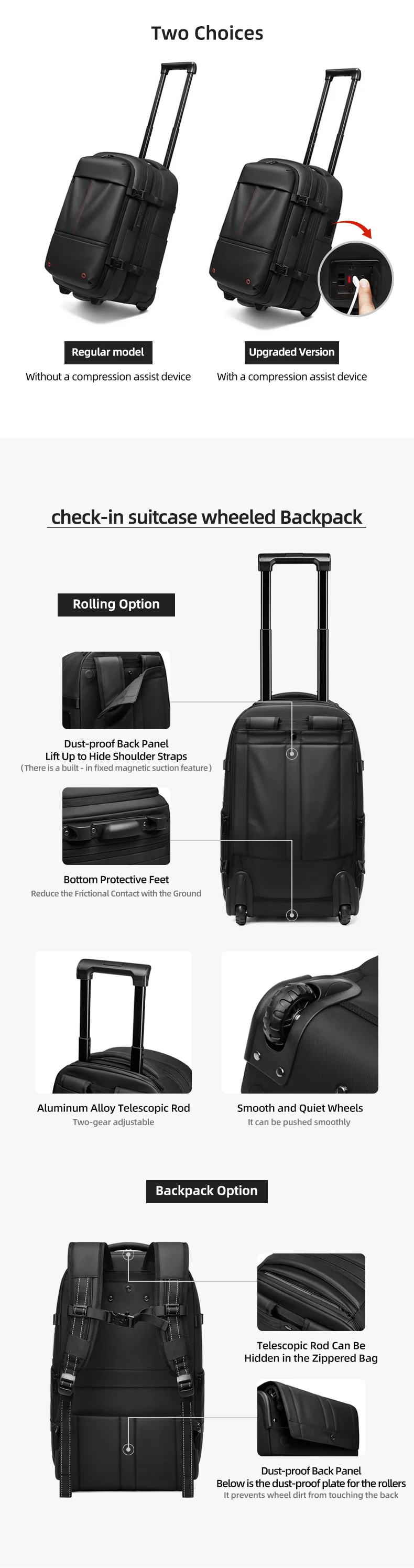 Reise-Trolley-Vakuum-Kompressions-Business-Rucksack mit Pumpe für Herren, Rucksack auf Rädern, Rollgepäck, Bergsteigertasche – Detail 11