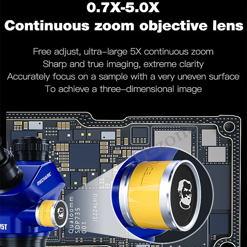 Imagem -03 - Microscópio Trinocular Estéreo Componente Eletrônico hd Componente Ampliado 0.7 a 5.0x Zoom Contínuo Âmbito de Observação Mechanic-d75t-b11