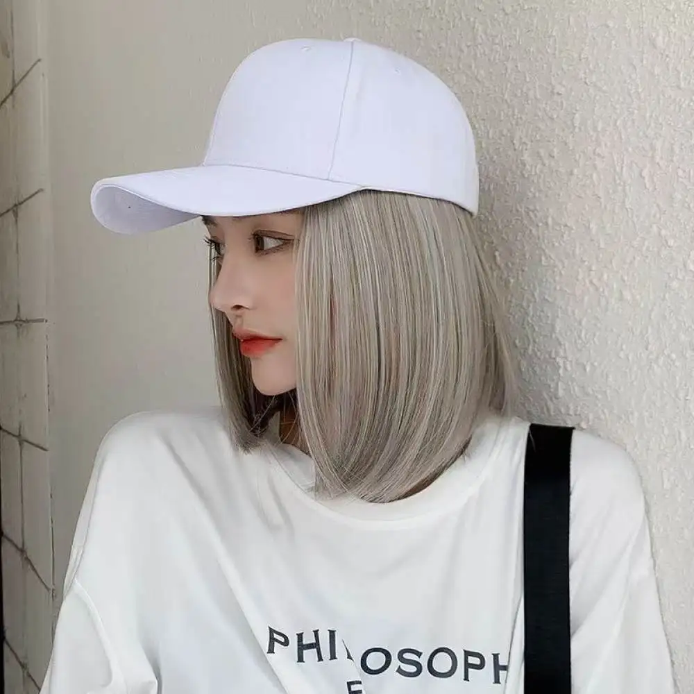 Casual Style Baseball Hat Wig Short Bob Synthetic Hair High Quality Natural Looking Hairpiece For Girl Daily Convenience