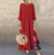 2023 Woman Summer Dress Vintage Cotton Linen Three Quarter Sleeve Long Dress Casual Loose Clothing Streetwear Party Dresses