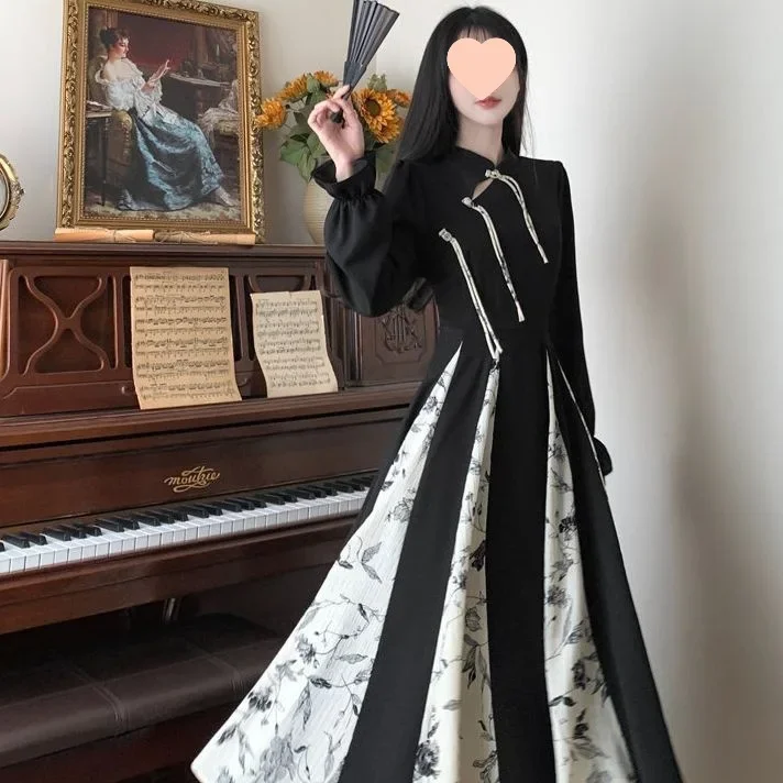 جديد النمط الصيني المرأة فستان تشيباو طويل التخسيس الخصر تصميم الركبة طول كم كامل الوقوف طوق الإمبراطورية الخصر فستان