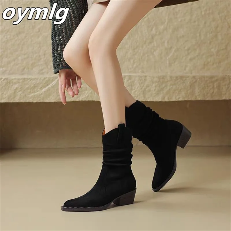 Pile up boots, mid leg women's boots 2024 autumn and winter new style thick heel pointed retro women's trendy short boots