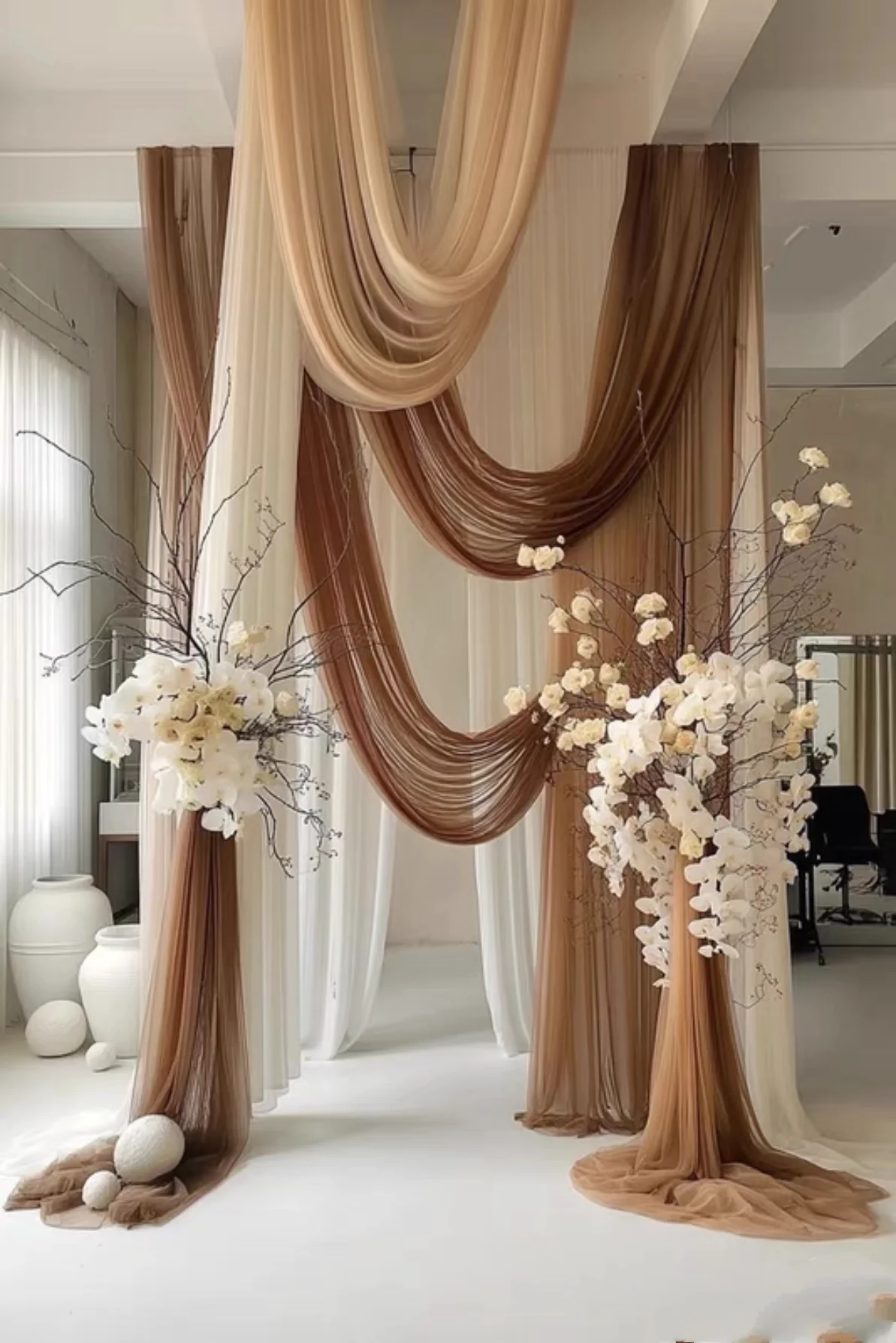 Champagne Brown Gradient Mesh Purdah Draping Fabric for Wedding Background Sheer Curtain Decorative Gauze Stage Layout Fabric