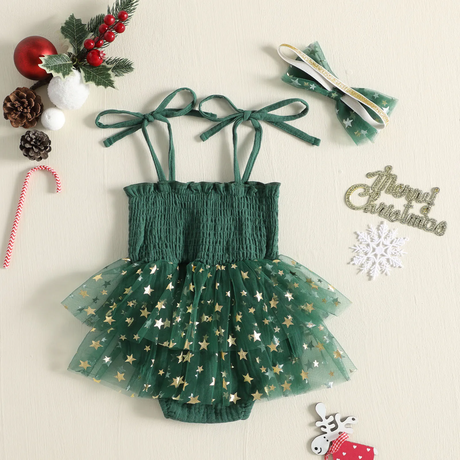 0-18M Baby Girl My First Christmas Bodysuits Outfits Sleeveless Tulle Skirt Romper with Headband