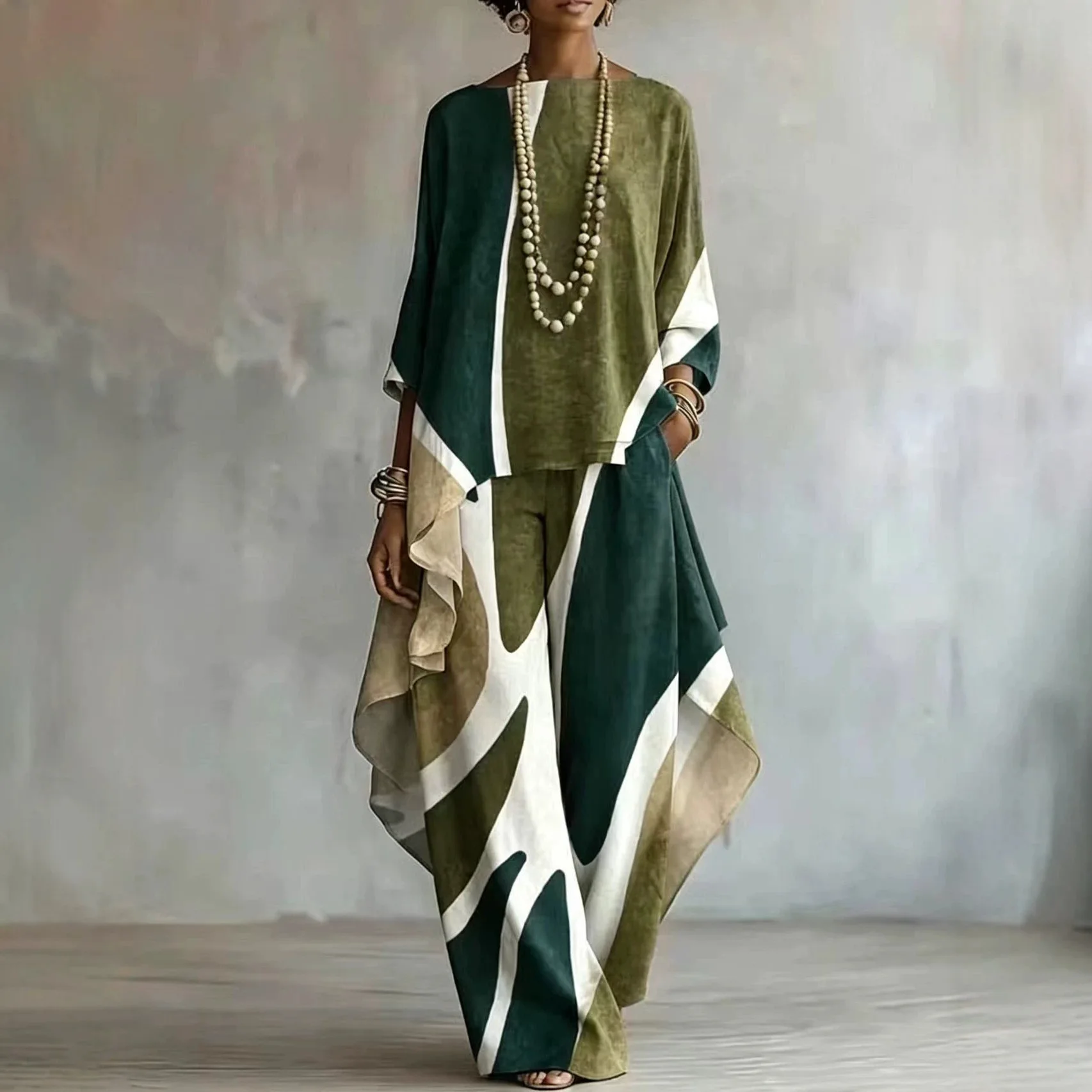 Autumn Fashion Geometry Print Loose Suit Women O-neck Irregular Top & Wide Leg Pant Set Casual Long Sleeve All-Matching Outfits