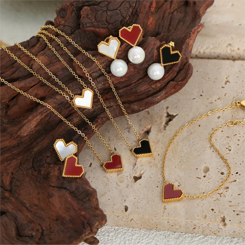 Black White Red Stainless Steel Heart Pendant Necklace Earrings For Women Gold Plated Waterproof No Tarnish Women\'s Jewelry Set