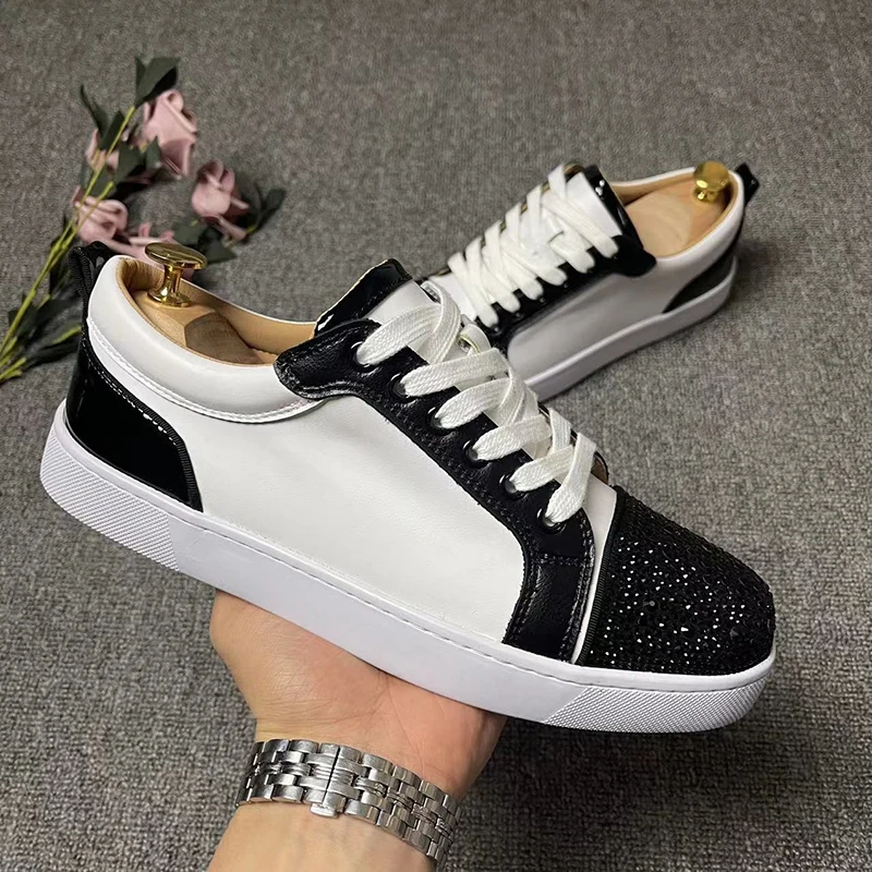 

men fashion genuine leather rhinestone shoes lace-up black white flats shoe party banquet dress street style sneakers footwear