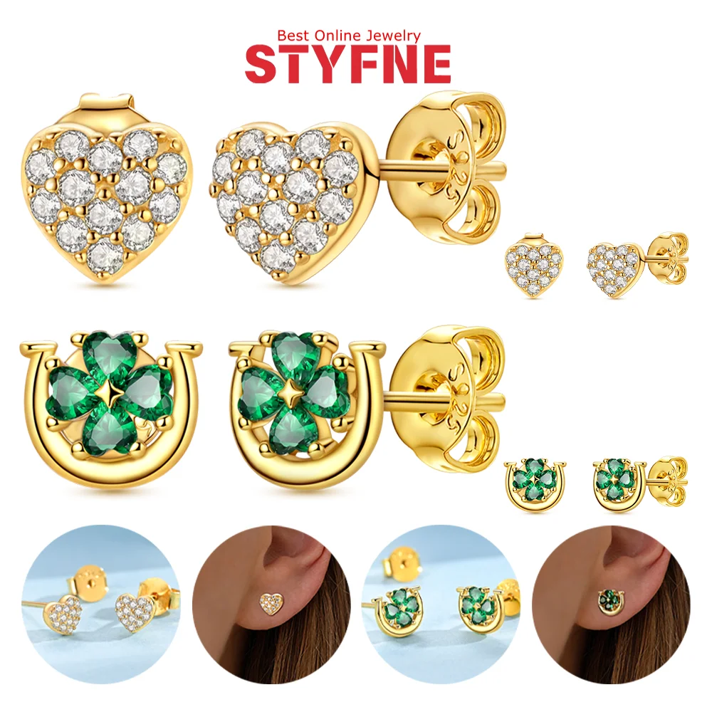 

Women Earrings 925 Silver Gold Horseshoe Clover Love Earrings Zircon Stud Earrings for Anniversary Fashion Jewelry Birthday Gift