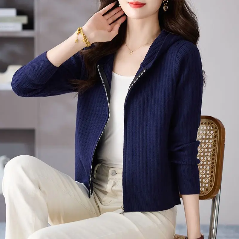 

Hooded Short Cardigan For Women Sweater Coat Slim Fashion Spring Autumn Knitwear Woolen Tops Zipper Ladies Knit Jumper Jacket