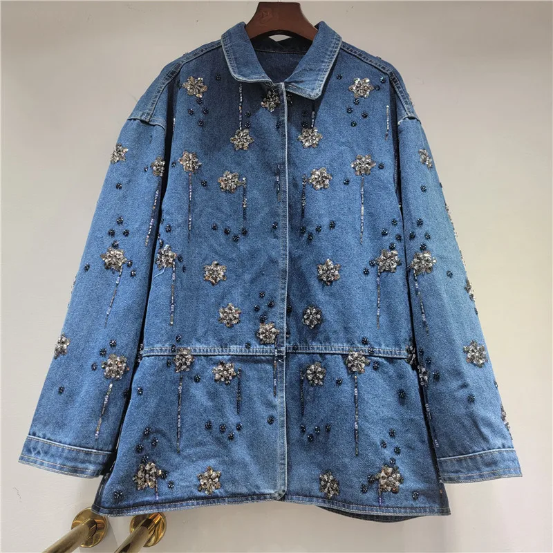 

SuperAen Embroidered Flares Flowers Polo Collar Denim Jacket 2026 Spring New Korean Style Single-breasted Casual Loose Jackets