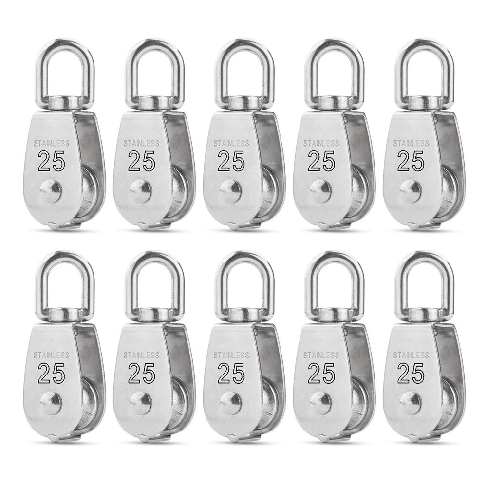 M25 Single Pulley Block Loading 550lbs 10 Pack 304 Stainless Steel Wire Rope Single Roller 25mm Lifting Crane Swivel Hook