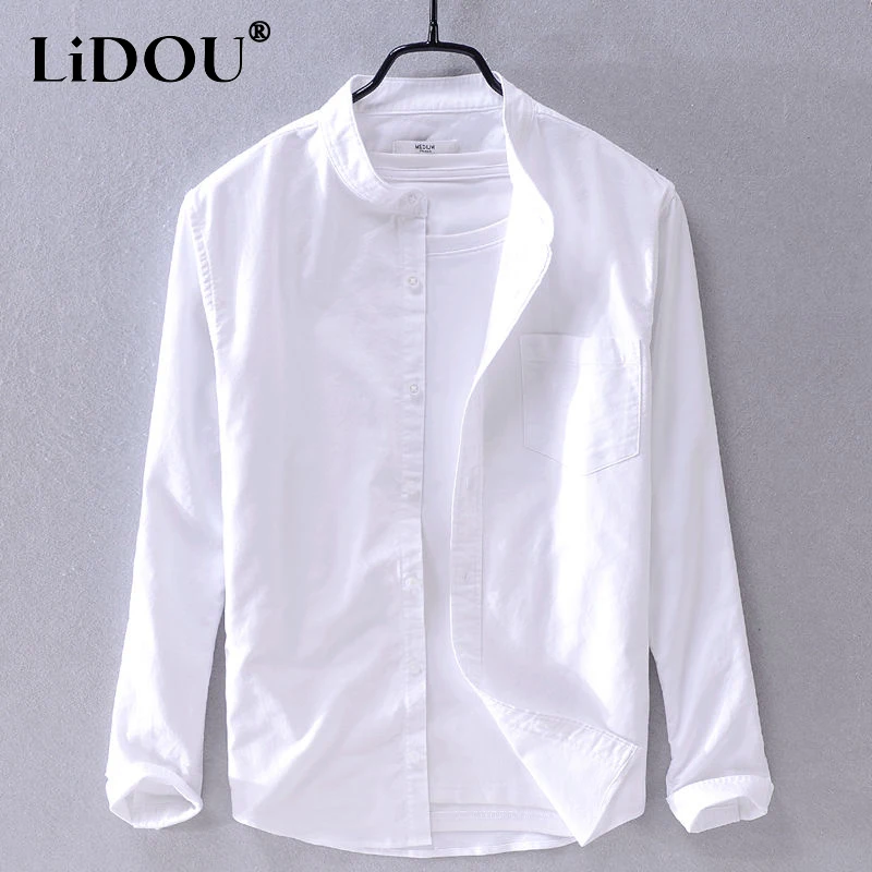 Spring Autumn New Solid Color Fashion Stand Collar Shirt Man High Street Casual Loose Button Long Sleeve Pure Cotton Cardigan