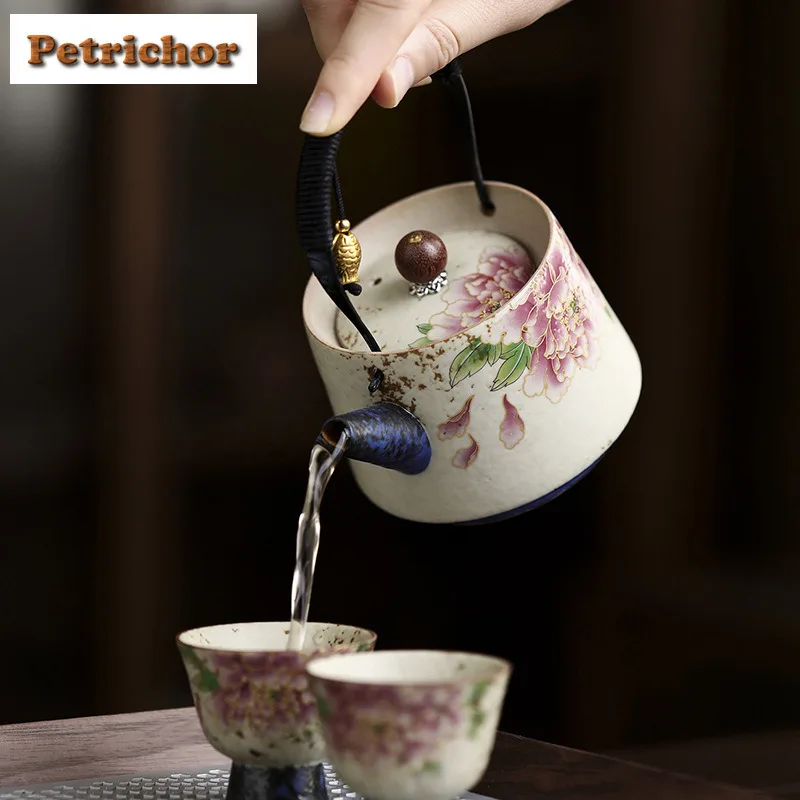 180ml Gold Silk Peony Lifting Handle Teapot Japanese Tea Infuser Pot Tea Brewing Kettle With Ball Hole Drinkware Supplies Craft