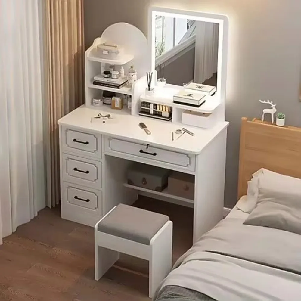

Melamine Bedroom Vanity Mirrored Wooden Retro European Style Make Up Dressing Table with Cabinet