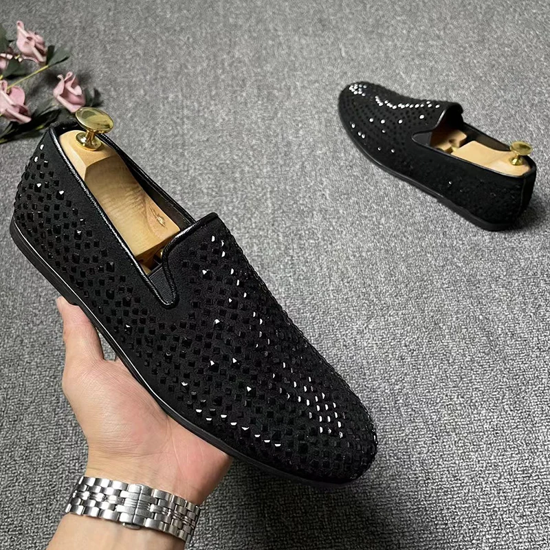 

men's casual party banquet dress rhinestone shoes slip-on driving shoe breathable cow suede leather studded loafers man footwear