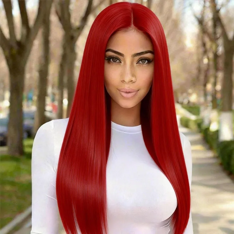 

Элегантный и стильный 28-дюймовый красный синтетический парик, прямые волосы для женщин, повседневная одежда для вечеринок на Хэллоуин.