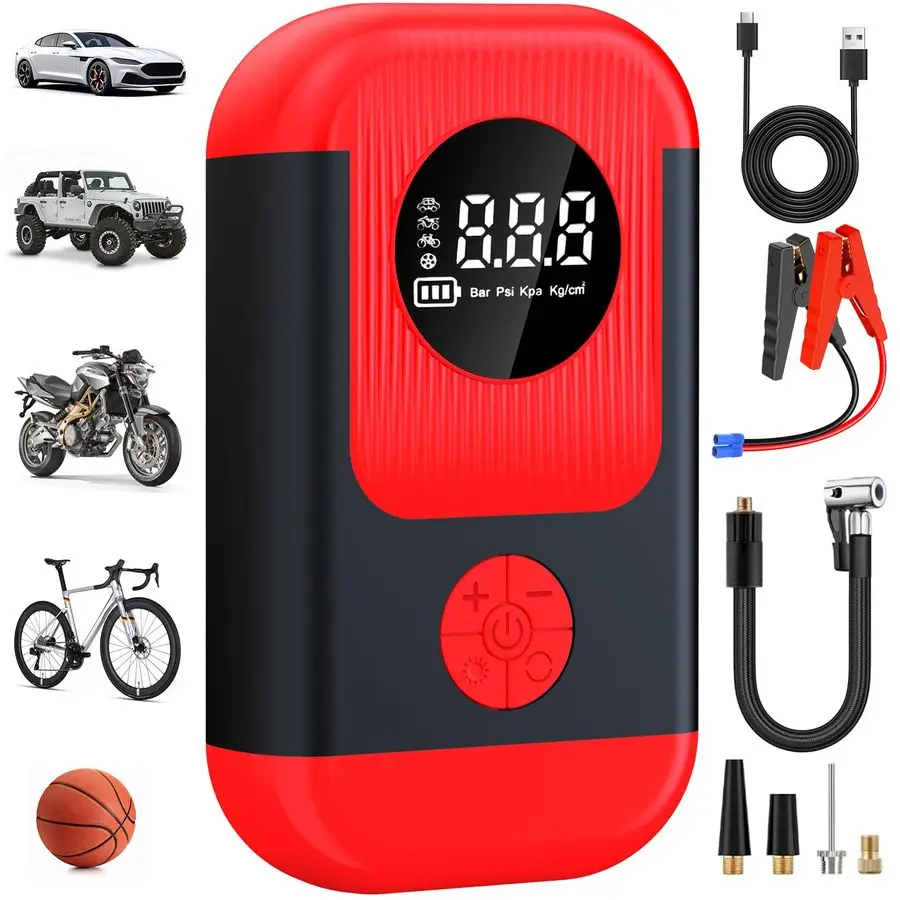

Inflator Portable Air Compressor amp Car Jump Starter, Cordless Air Pump with LED Light amp Pressure Gauge for Auto,Motorcycles,