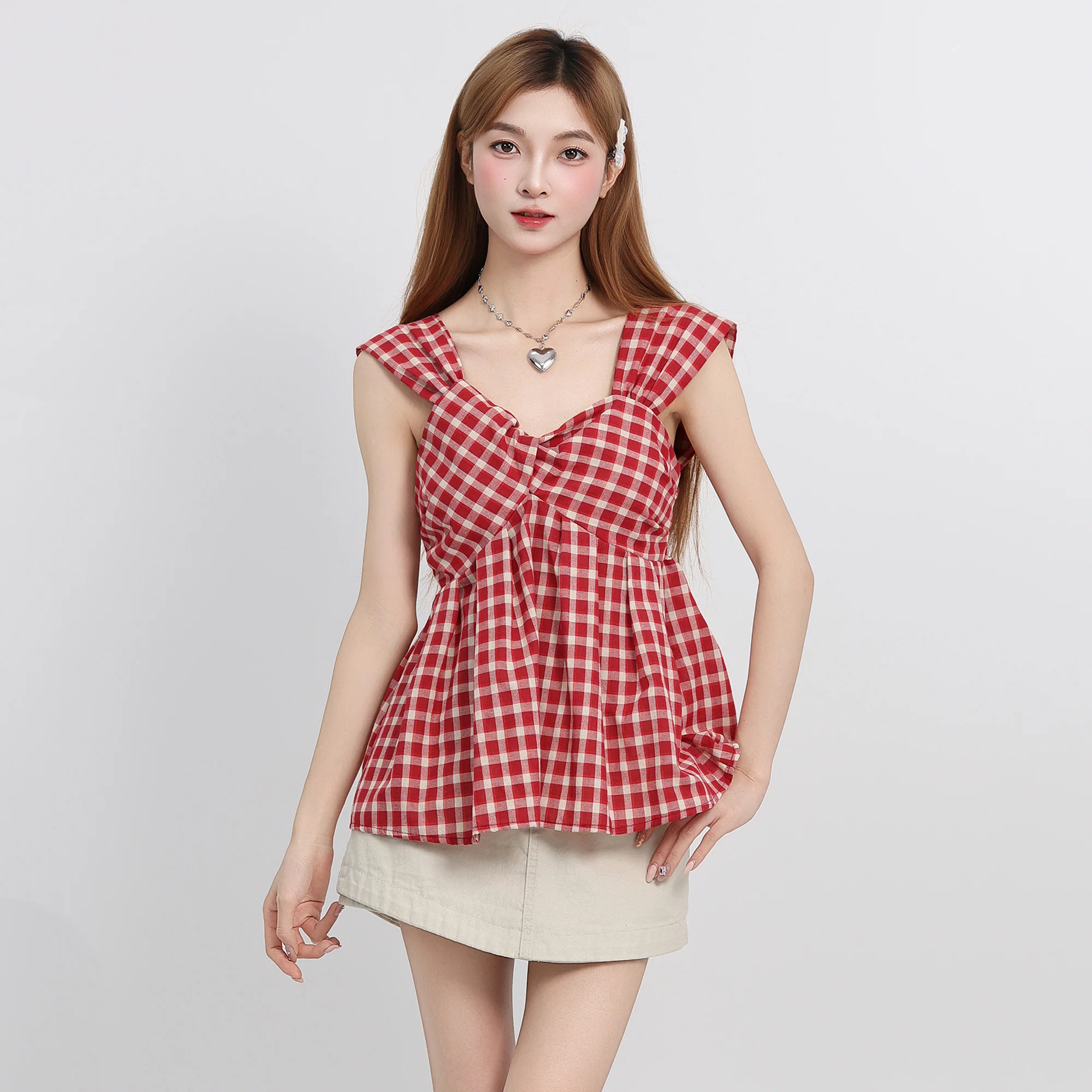 

Красная клетчатая майка во французском стиле для женщин, новинка 2023 года, летние стильные сексуальные топы без рукавов на тонких бретельках, шикарные майки