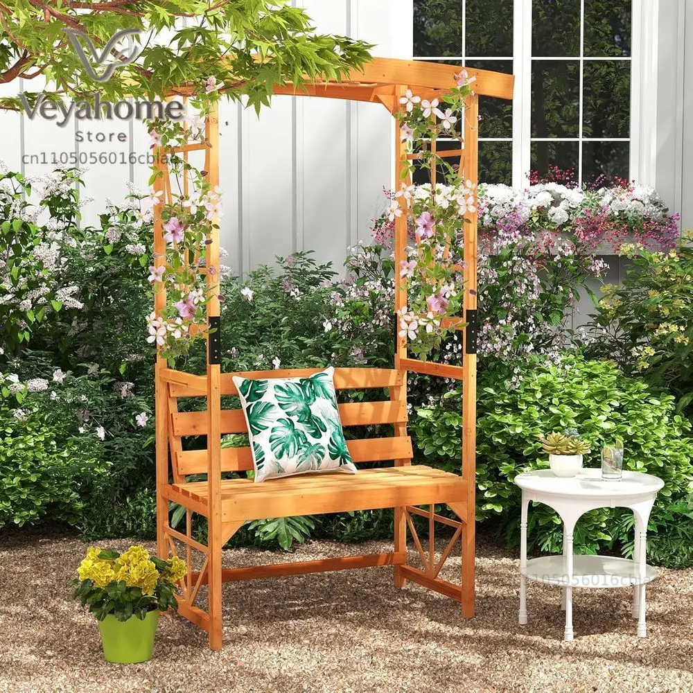 6.25ft Garden Arbor with Bench, Wooden Arch w/Side Trellis for Climbing Plants & Vines, 2-Person Outdoor Seating, Country Botani