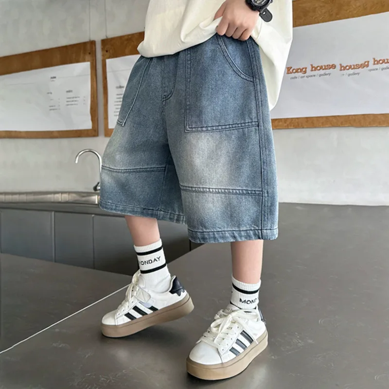 Boys Cropped Denim Pants 2026 Summer Boys Denim Shorts Jeans Loose Five Point Casual Versatile Trendy Pants For Kids view 2